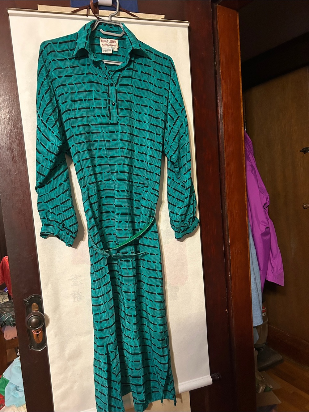 Maggy London Teal & Black Long Sleeve 100% Silk Dress by Jeanne Booner, 12